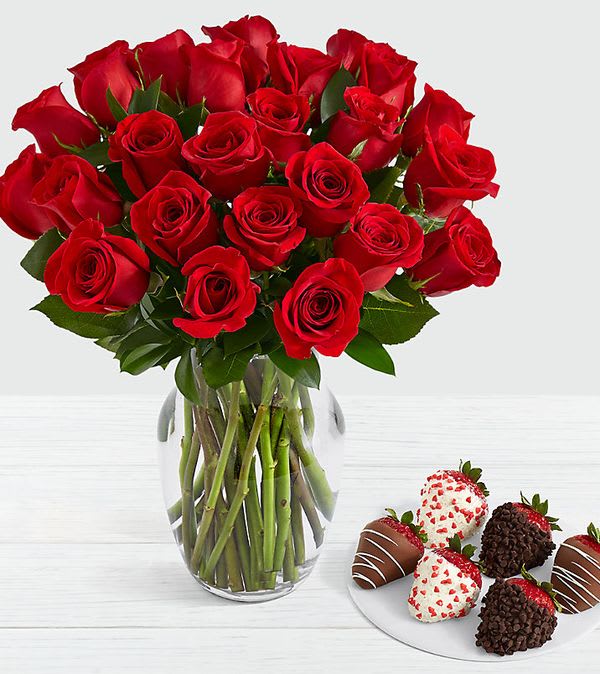 24 Long Stem Red Roses with 6 Valentine's Strawberries