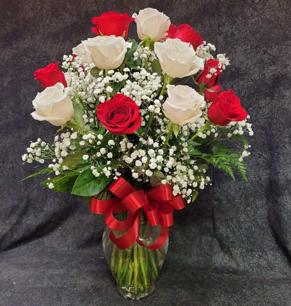 RARW24BBVD - 24 Long Stem Red and White Roses With Baby's Breath - VALENTINES Flower Bouquet