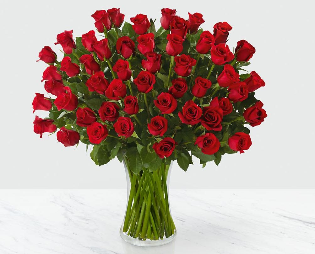 Fifty Long Stem Red Roses - GLASS VASE INCLUDED Flower Bouquet