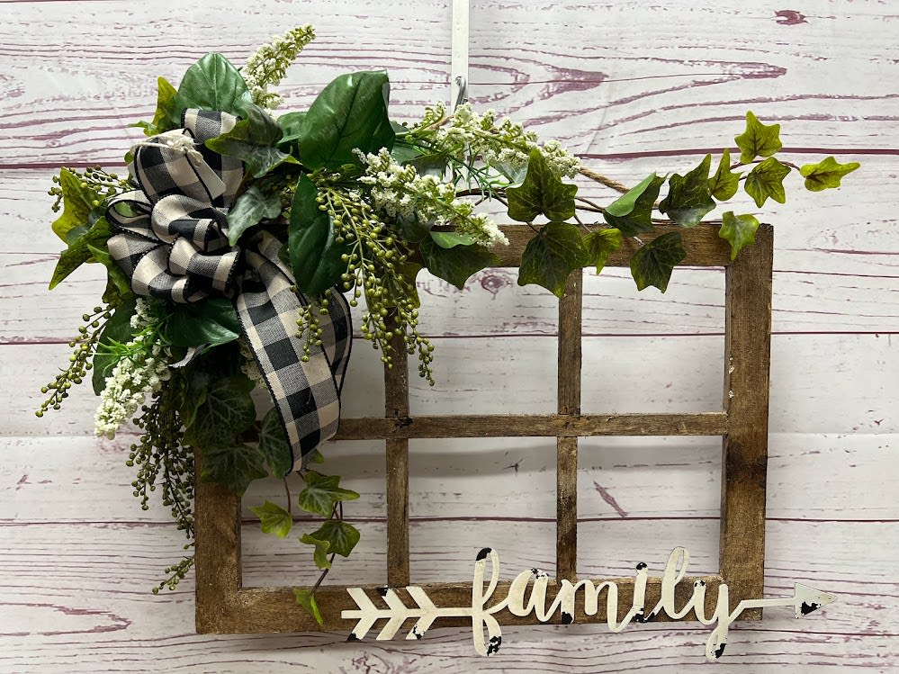 Family First Wooden Window With Silk (Artificial) Floral Accents