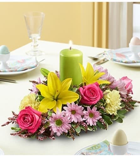 Spring Centerpiece with Pillar Candle Flower Bouquet