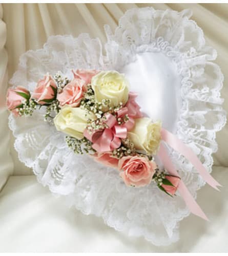 Pink And White Satin Heart Casket Pillow Flower Bouquet