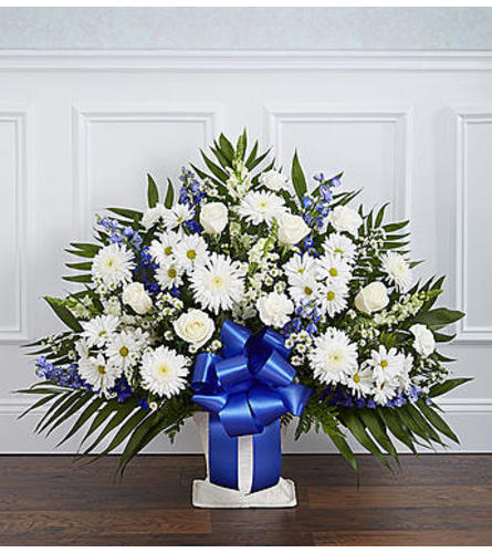 Heartfelt Tribute Blue & White Floor Basket Flower Bouquet