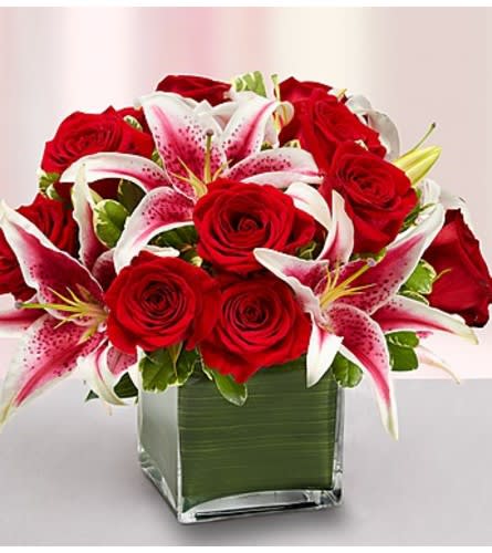 Modern Embrace™ Red Rose and Lily Cube Flower Bouquet
