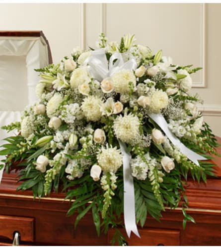 Cherished Memories Half Casket Cover - White Flower Bouquet