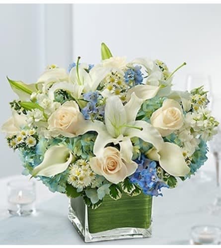 Blue and White Centerpiece in a Vase Flower Bouquet