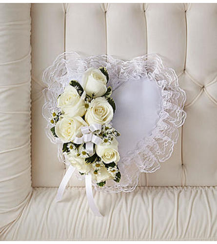 White Satin Heart Casket Pillow Flower Bouquet