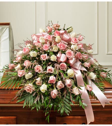 Cherished Memories Half Casket Cover – Pink/White Roses Flower Bouquet