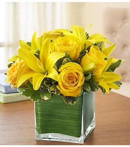 Modern Embrace™ Yellow Rose and Lily Cube Flower Bouquet