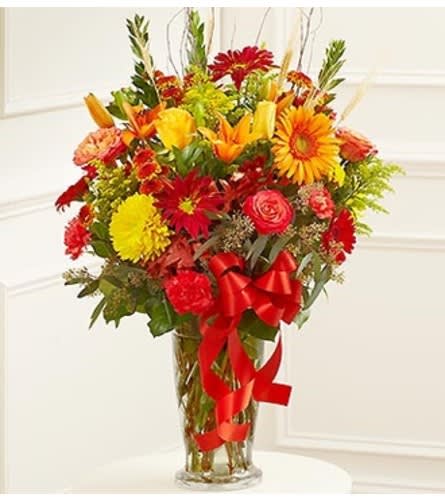 Large Sympathy Vase Arrangement in Fall Color Flower Bouquet