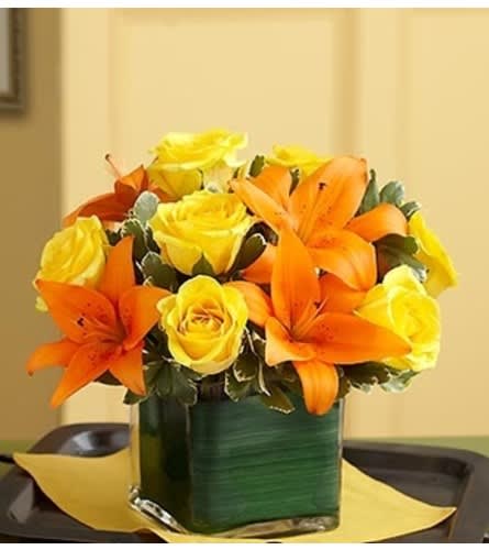 Modern Embrace™ Fall Rose and Lily Cube Flower Bouquet