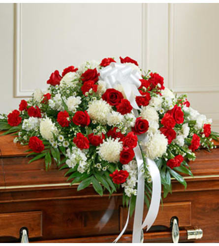 Cherished Memories Half Casket Cover-Red & Wh Flower Bouquet