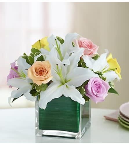 Modern Embrace™ Pastel Rose and Lily Cube Flower Bouquet