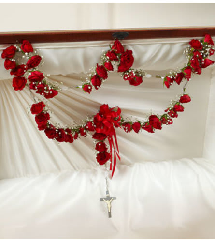 Large Rosary with Red Spray Roses Flower Bouquet