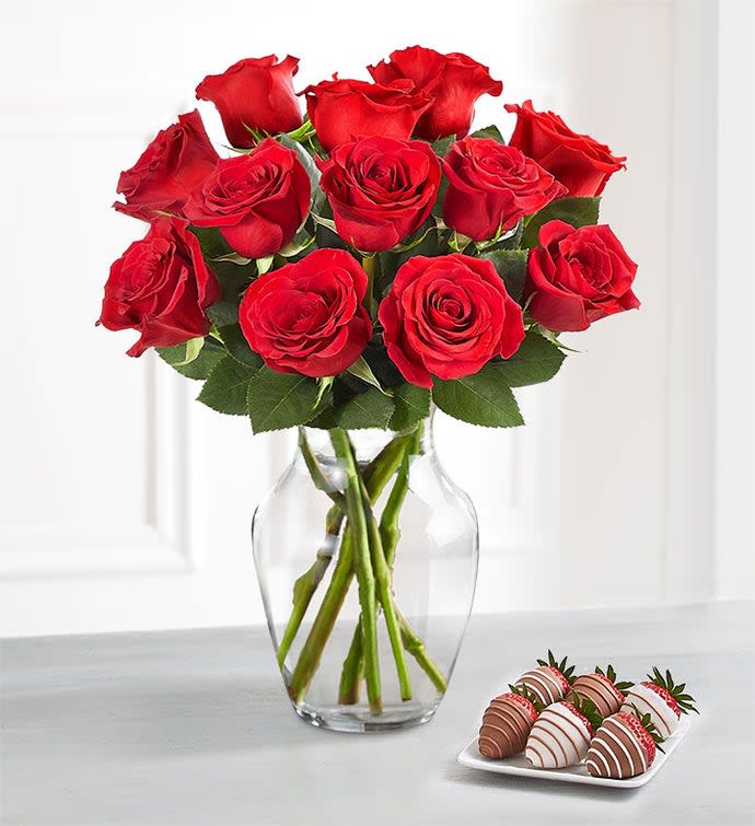 Deliciously Decadent™ Red Roses & Drizzled Strawberries Flower Bouquet