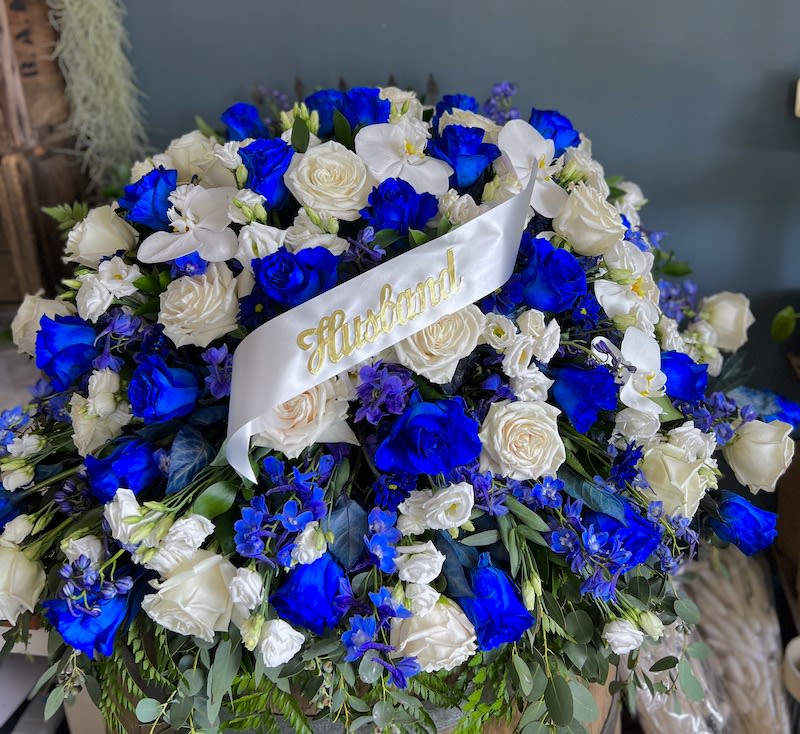 Blue and White Remembrance Casket Spray