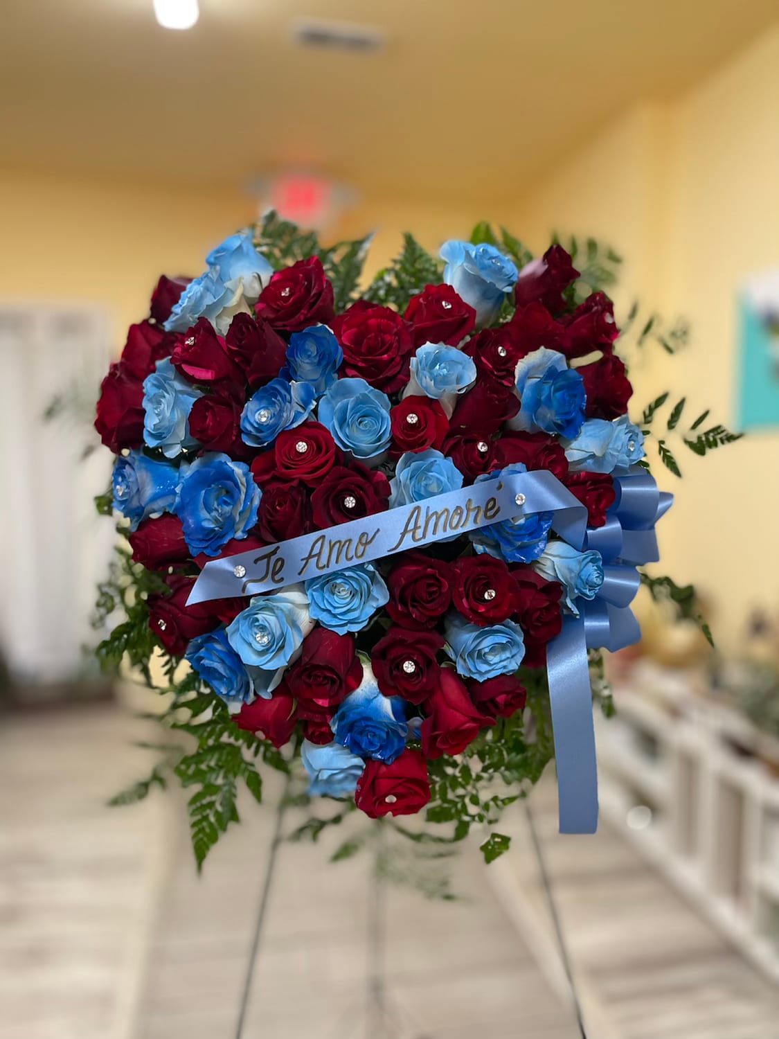 Red and Blue free hand heart with diamonds