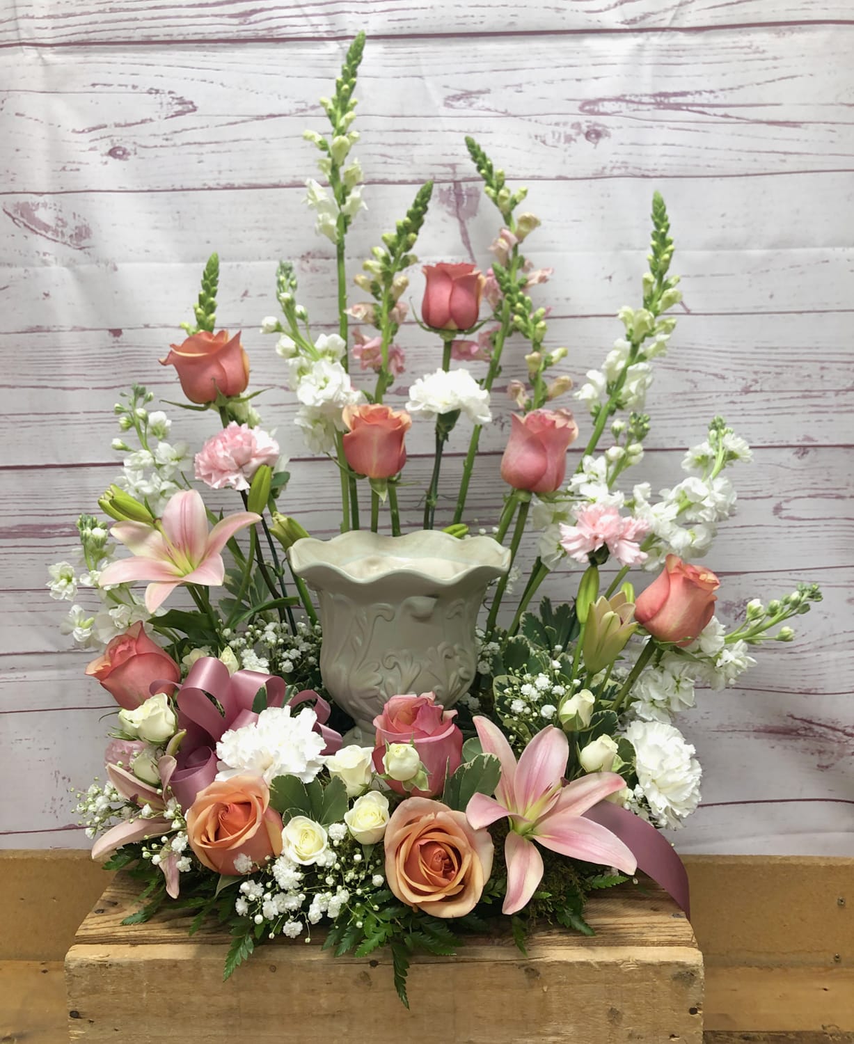 Pink and White Cremation Urn Wreath