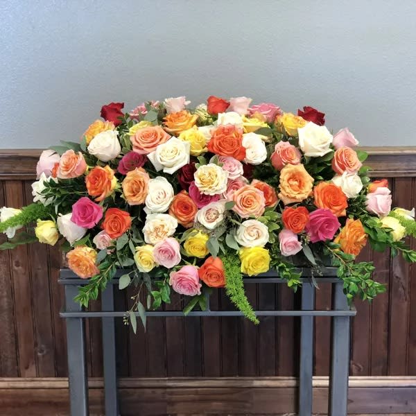 Funeral Casket Spray - Mixed Roses Flower Bouquet