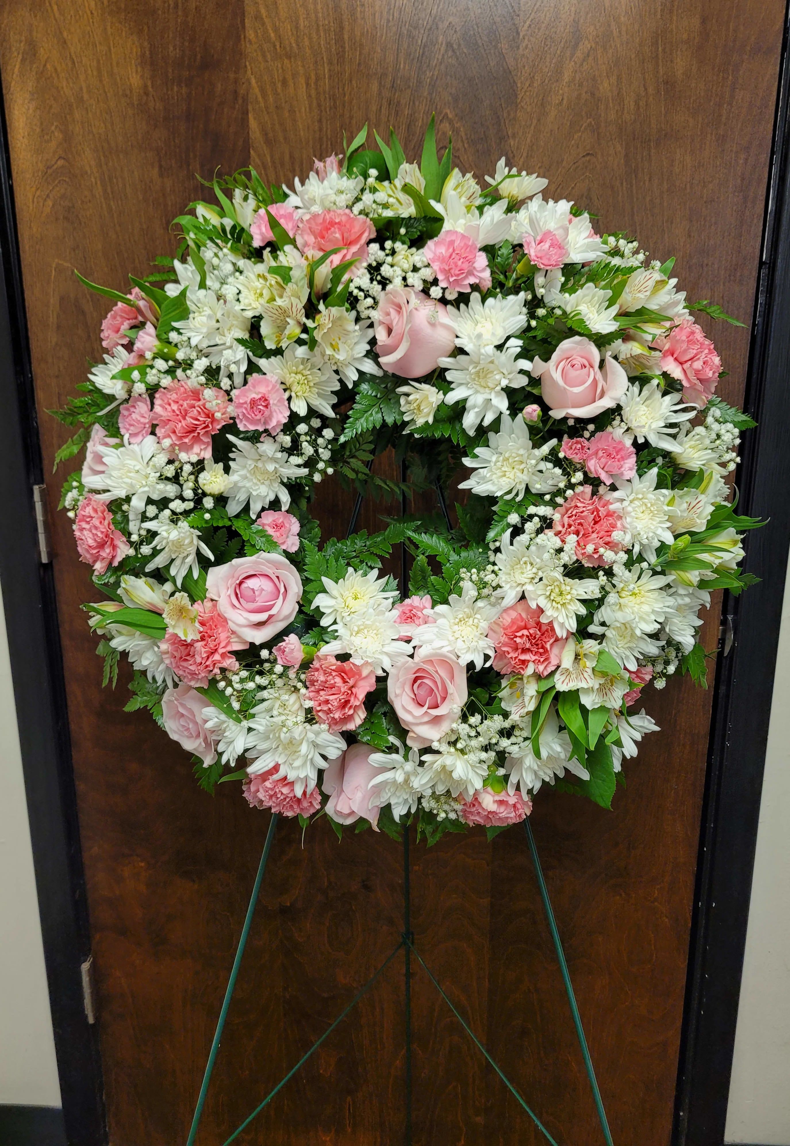Sentimental Pink and White Standing Wreath Sympathy