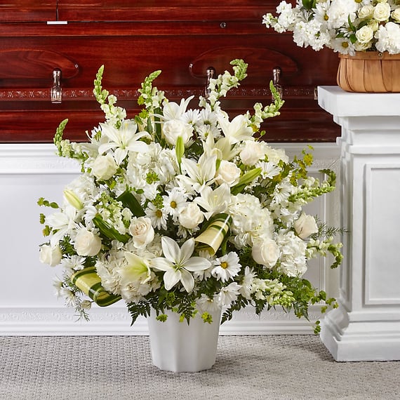 Heartfelt Tribute White Floor Basket Arrangement