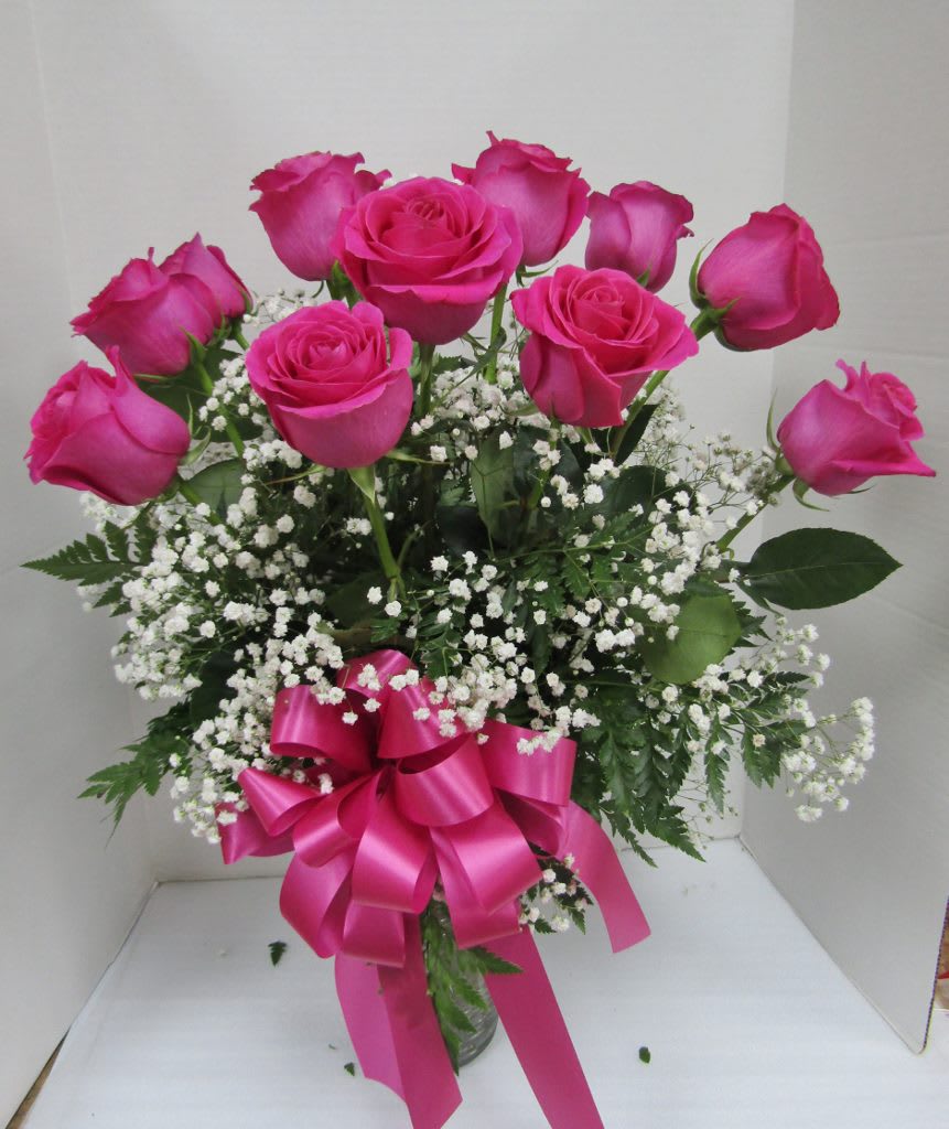 12 Hot Pink Roses Flower Bouquet