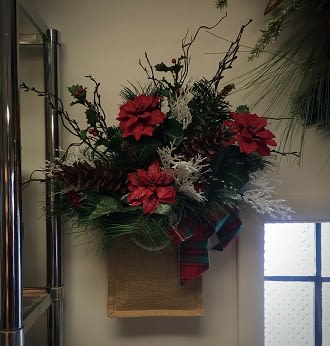 Burlap Bag Wall Pocket with Silk (Artificial) Poinsettias
