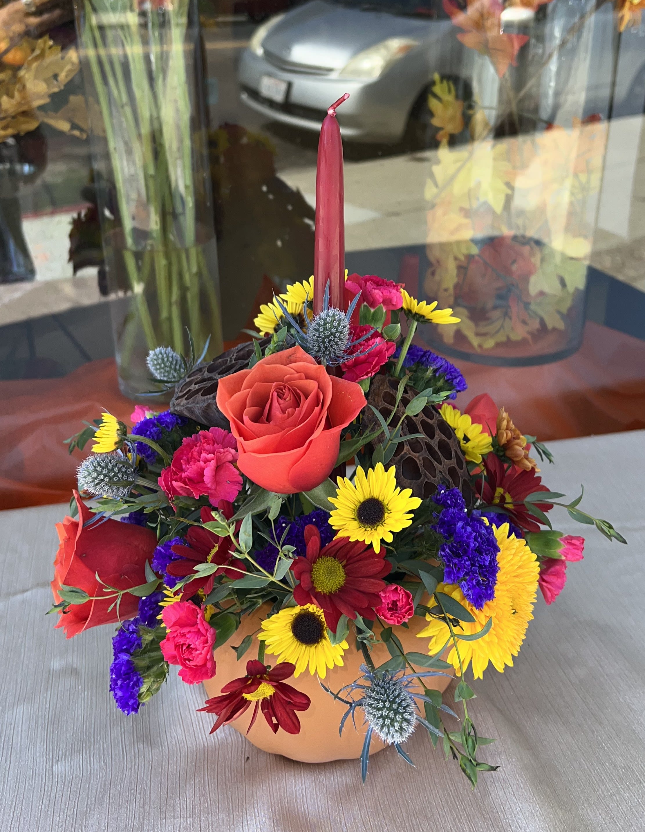 Pumpkin With Candle Flower Bouquet