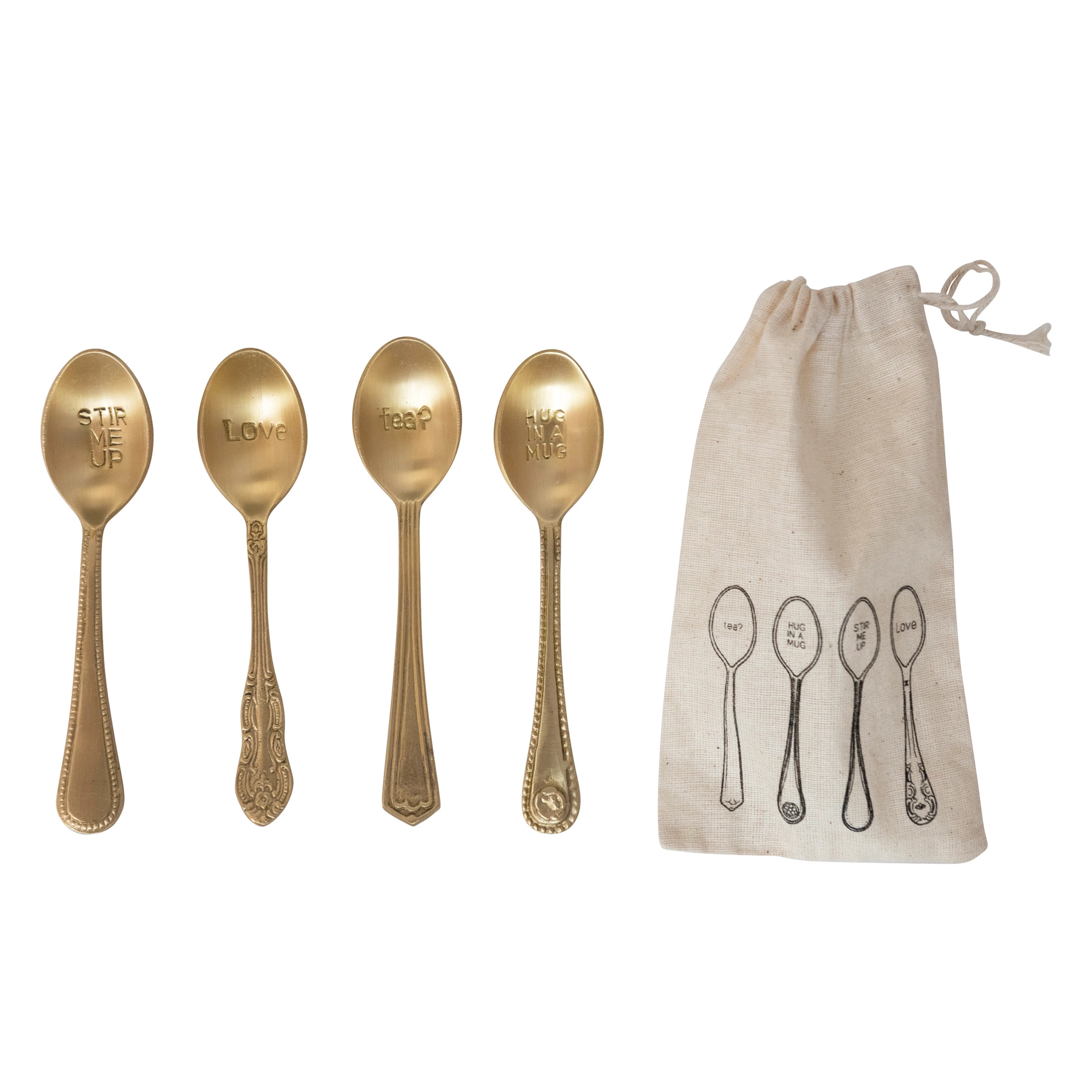 Brass Spoons with Engraved Saying, Set of 4 in Printed Drawstring Bag Flower Bouquet