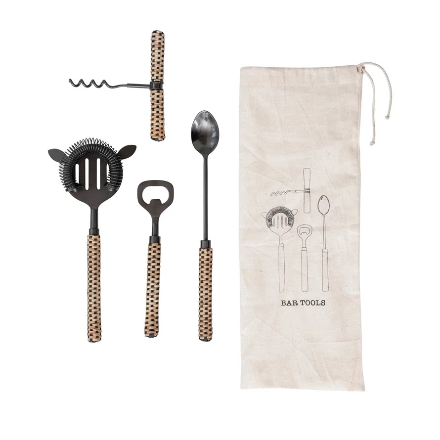 Stainless Steel Bar Tools with Rattan Wrapped Handles, Set of 4 in Printed Drawstring Bag Flower Bouquet