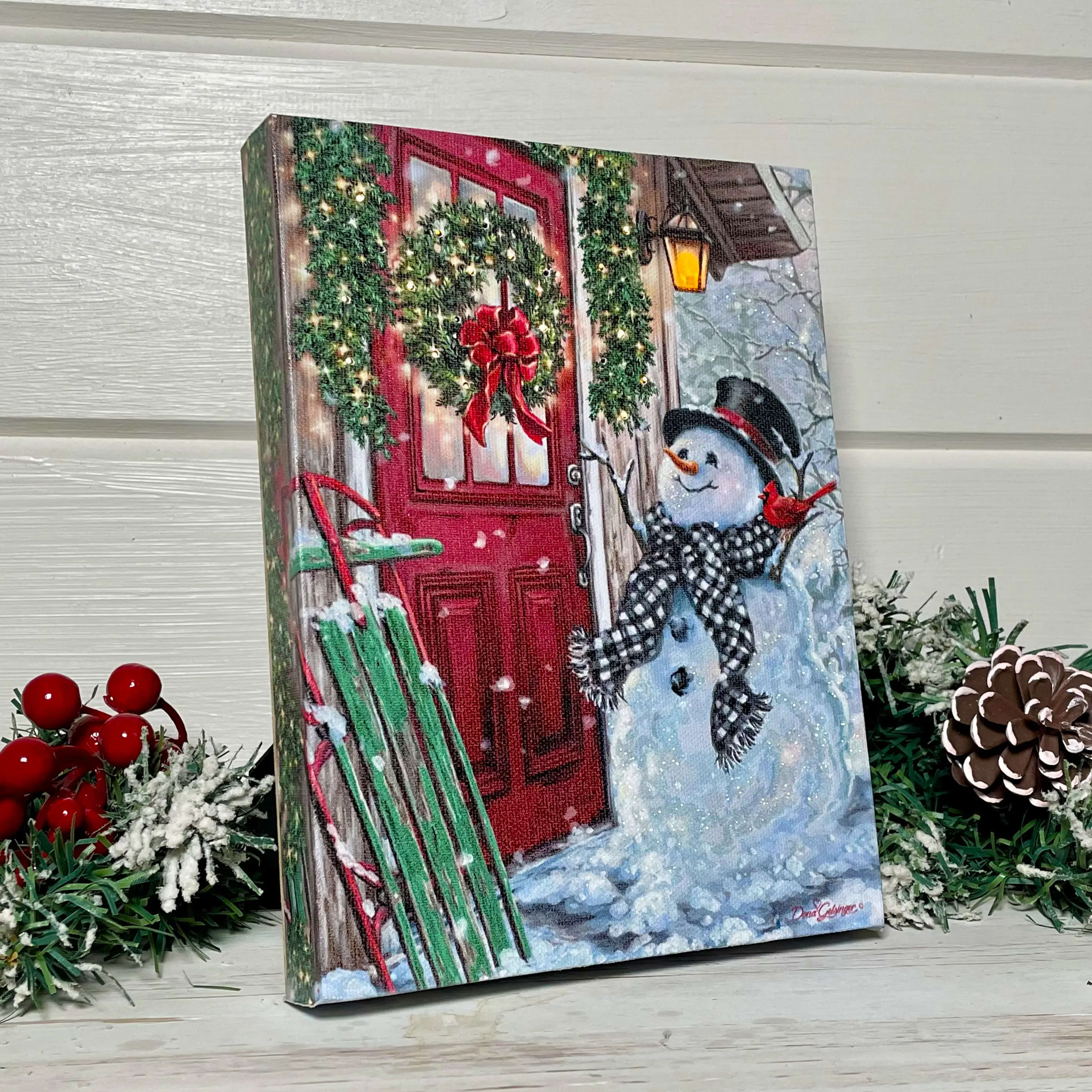 Front Porch Snowman - Lighted Tabletop Canvas 8x6