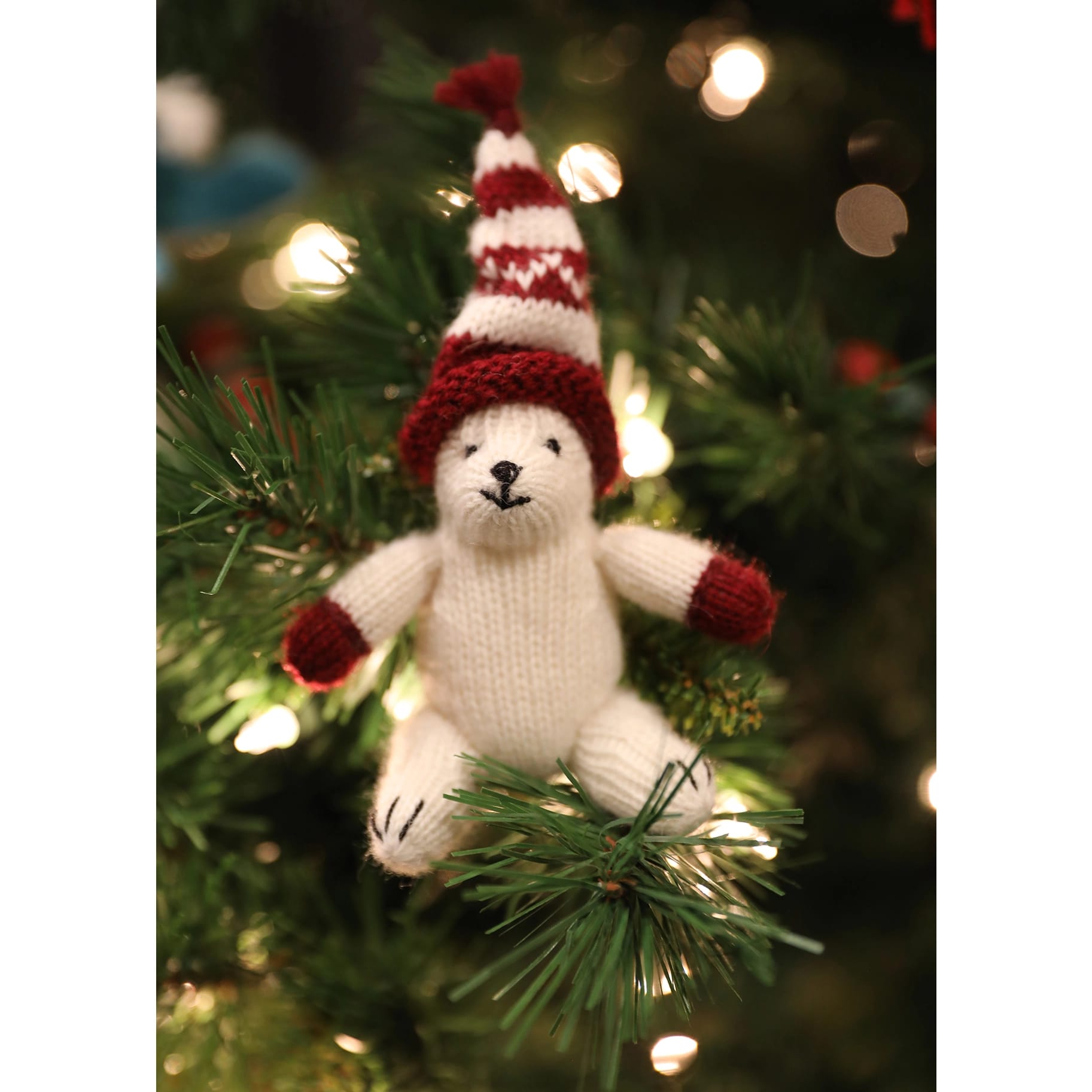 Polar Bear in Maroon Hat Ornament Flower Bouquet