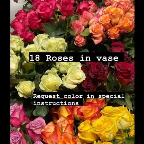 18 Roses in a vase with Greens and Babies Breath Flower Bouquet