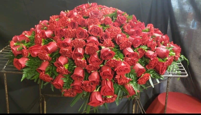 Red Carnations And Roses Casket Spray