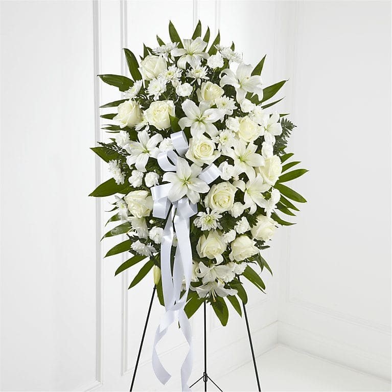 Exquisite Tribute Standing Spray-White Ribbon