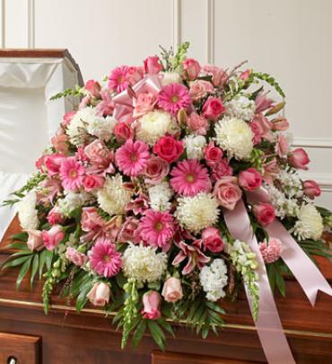 Pink and White Mixed Half Casket Cover Flower Bouquet