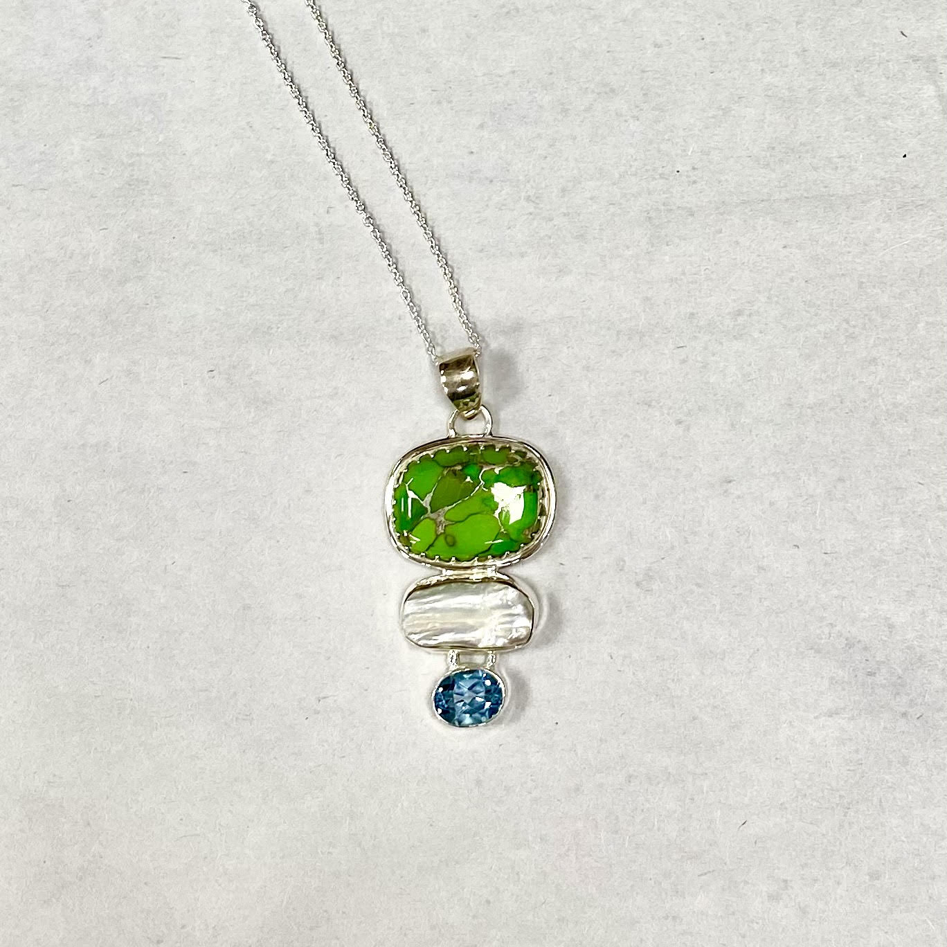 Turquoise & Mother of Pearl & Aquamarine Sterling Silver Necklace  Flower Bouquet