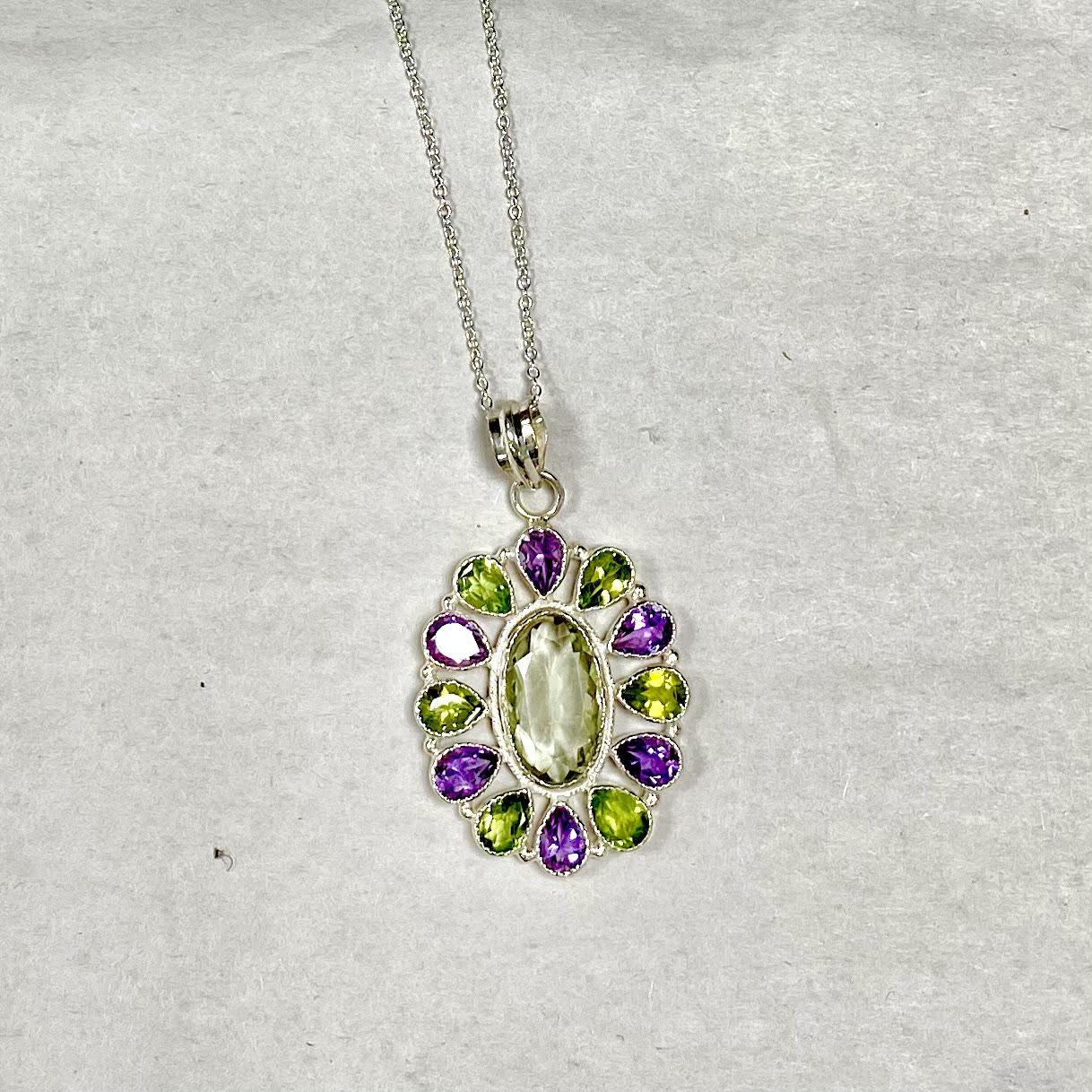 Green Amethyst Peridot Necklace  Flower Bouquet