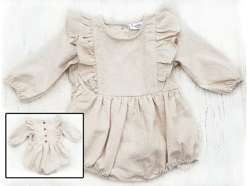 Baby Girl Linen Romper Ruffled Sleeve Dressy Gabriella OATMEAL Flower Bouquet