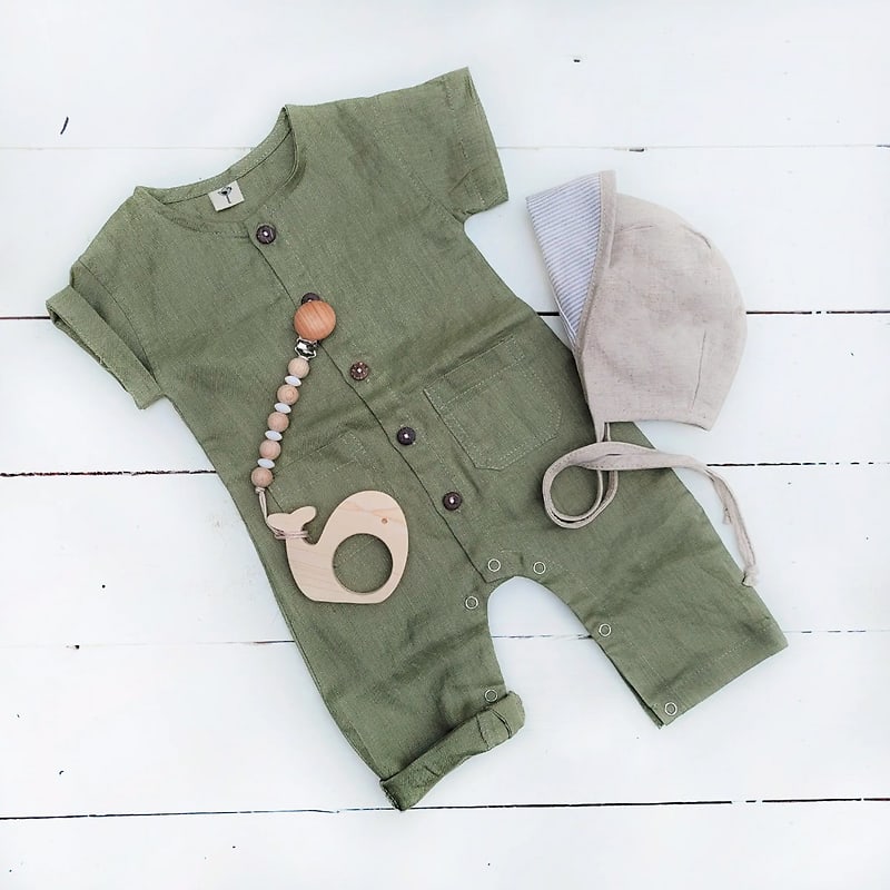 Baby boys linen Romper Jumpsuit button front boho Julius Olive Flower Bouquet