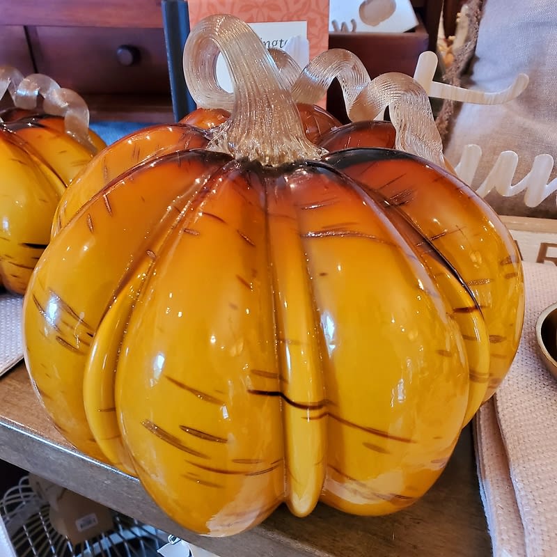 Large Glass Pumpkin, Hand-Blown, Yellow-Orange Flower Bouquet