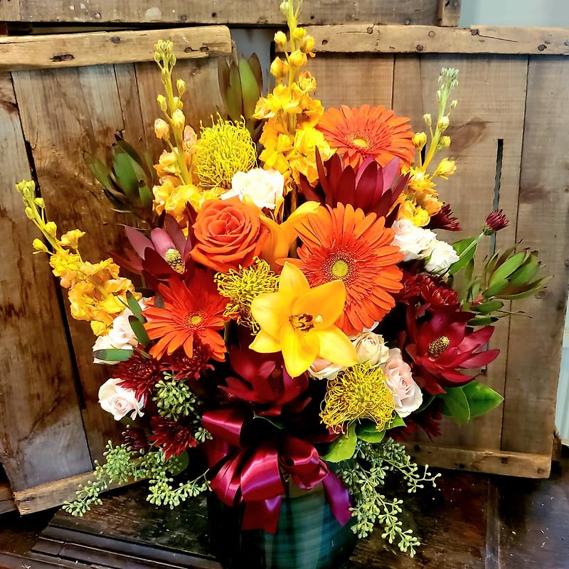 Autumn Gerbera, Protea & Rose Vase