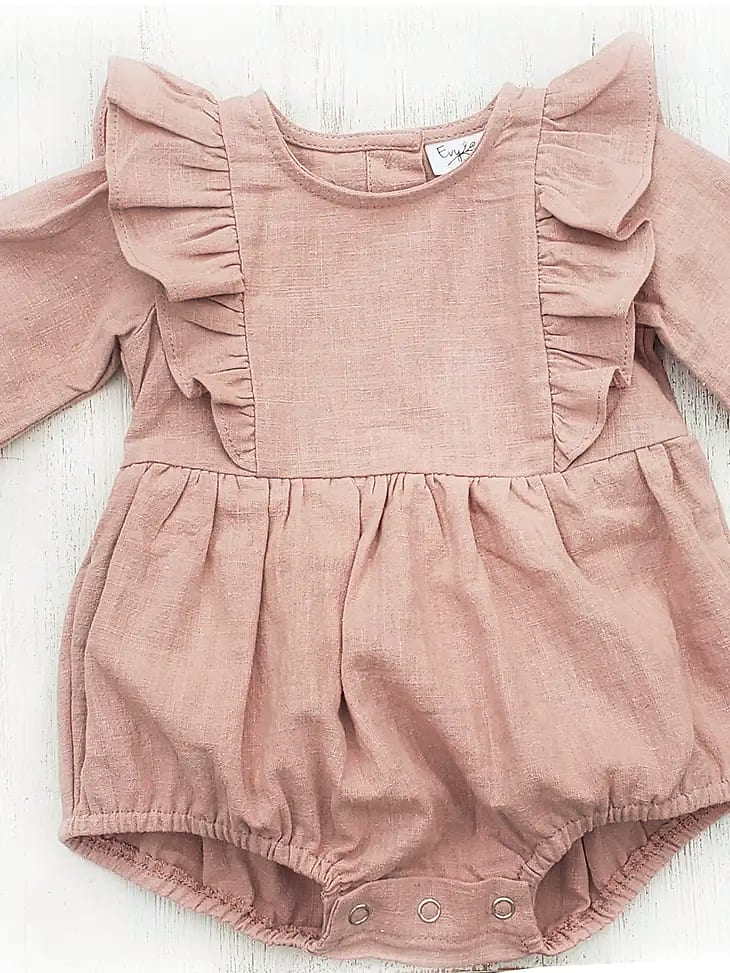 Baby Girl Linen Romper Ruffled Sleeve Dressy Gabriella style Flower Bouquet