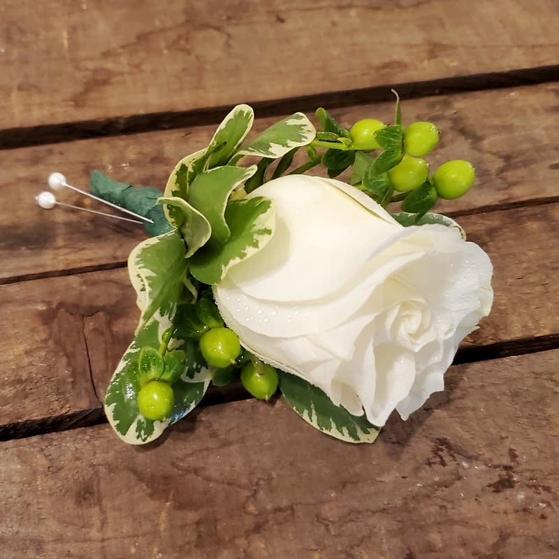 White Rose Boutonniere with Green Hypericum & Pittosporum Flower Bouquet