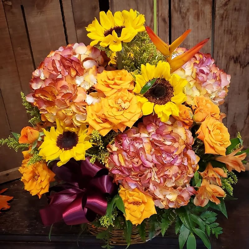 Thanksgiving Hydrangea & Sunflower Basket Flower Bouquet