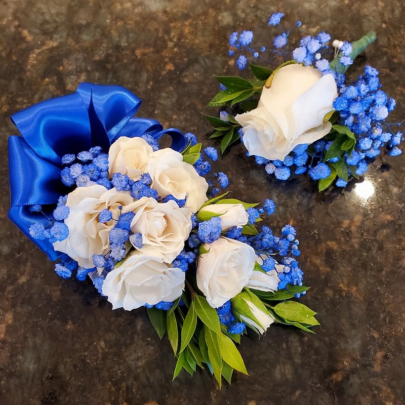 White & Royal Wristlet & Boutonniere Set