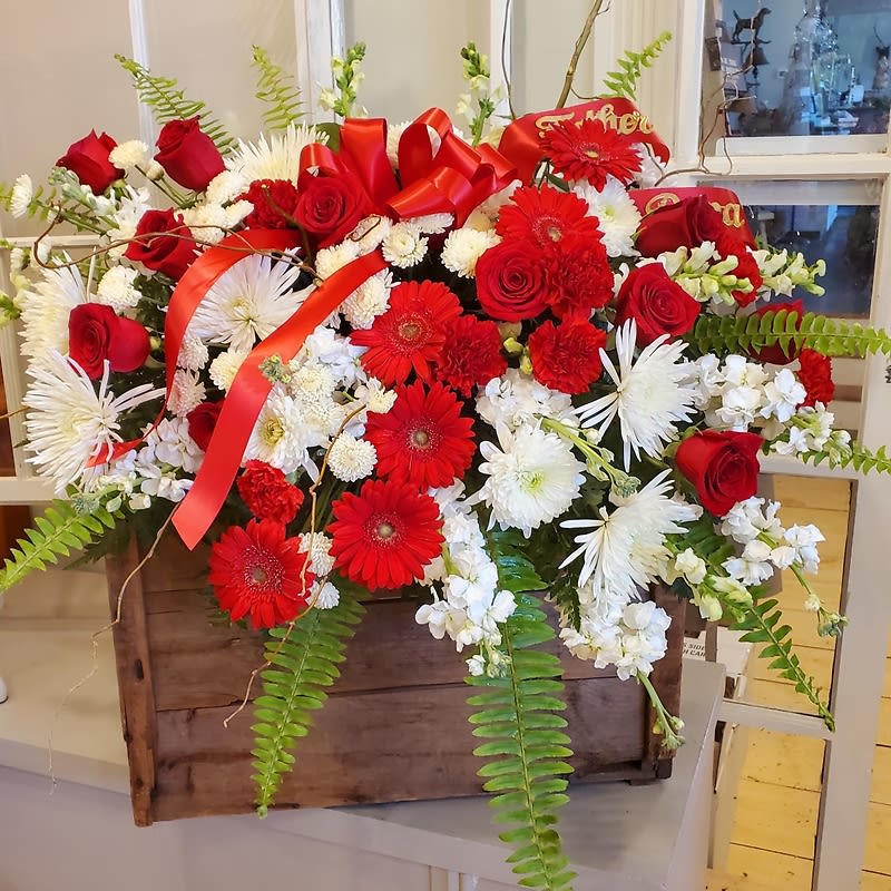 Red & White Casket Spray with Curly Willow Accent