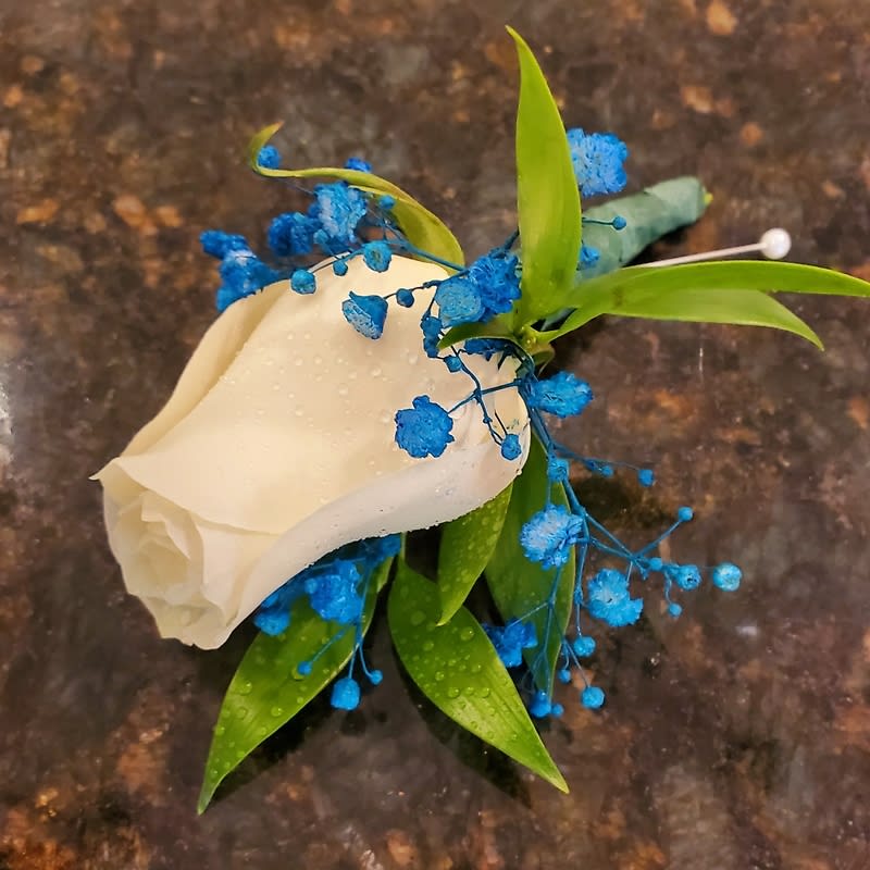 White with Blue Boutonniere