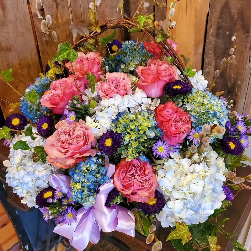 Blue Hydrangea and Garden Rose Basket Flower Bouquet