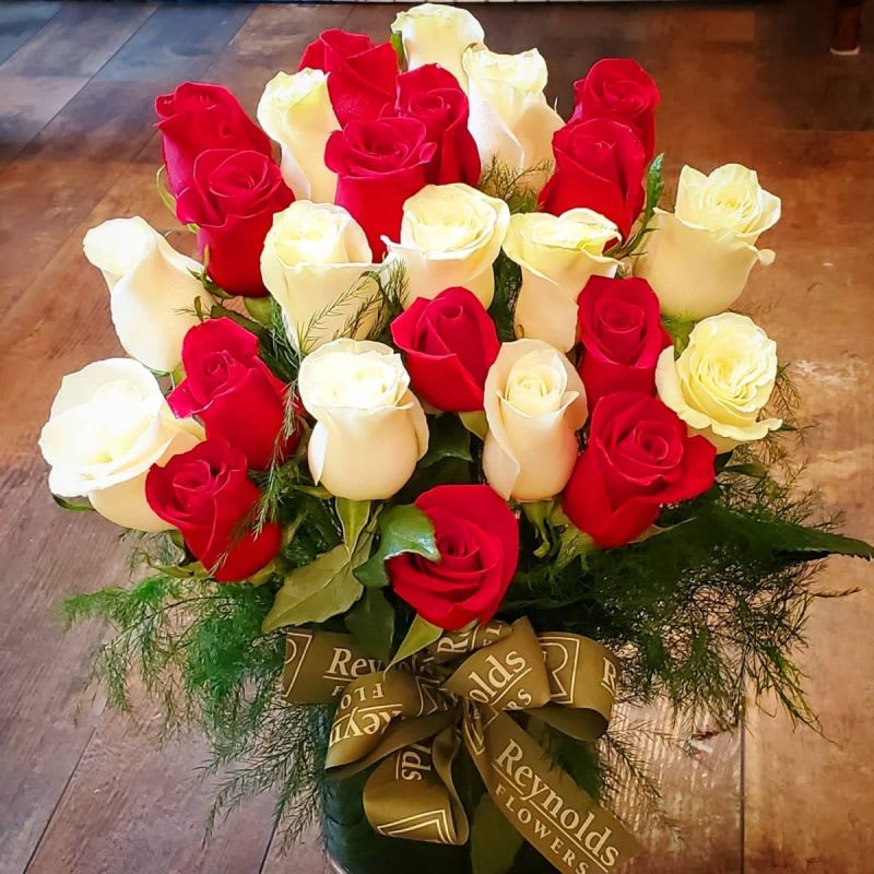 Two-dozen (24) Red & White Roses, Vased and Dressed